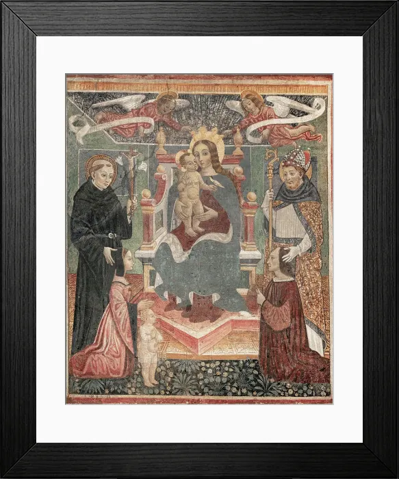 Framed Print : Enthroned Madonna and Child between Saint Nicholas of Tolentino and a bishop, with donors... 1499. Creator: Cagnola (Cagnoli), Tommaso (vor 1479-um 1509) Framed Print : Enthroned Madonna and Child between Saint Nicholas of Tolentino and a bishop, with donors... 1499. Creator: Cagnola (Cagnoli), Tommaso (vor 1479-um 1509)