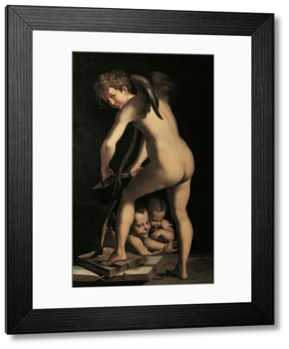 Framed Print : Cupid carving bows (after Parmigianino). Creator: Heintz, Joseph, der Framed Print : Cupid carving bows (after Parmigianino). Creator: Heintz, Joseph, der