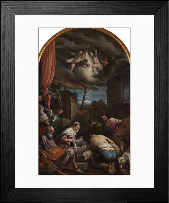 Framed Print : The Adoration of the Shepherds with Saints Victor and Corona, 1568. Creator: Bassano, Jacopo, il vecchio (around 1510-1592) Framed Print : The Adoration of the Shepherds with Saints Victor and Corona, 1568. Creator: Bassano, Jacopo, il vecchio (around 1510-1592)