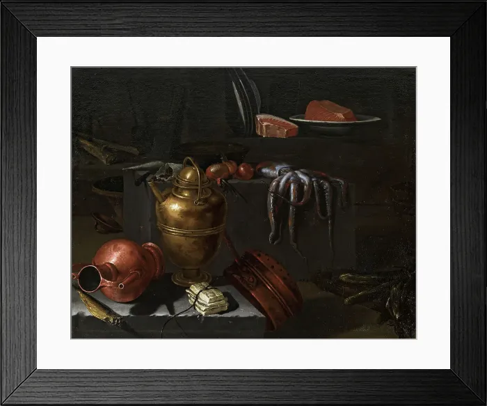 Framed Print : Kitchen interior with copper dishes, octopus and onions on a stone ledge, 1670s. Creator: Recco, Giuseppe (1634-1695) Framed Print : Kitchen interior with copper dishes, octopus and onions on a stone ledge, 1670s. Creator: Recco, Giuseppe (1634-1695)