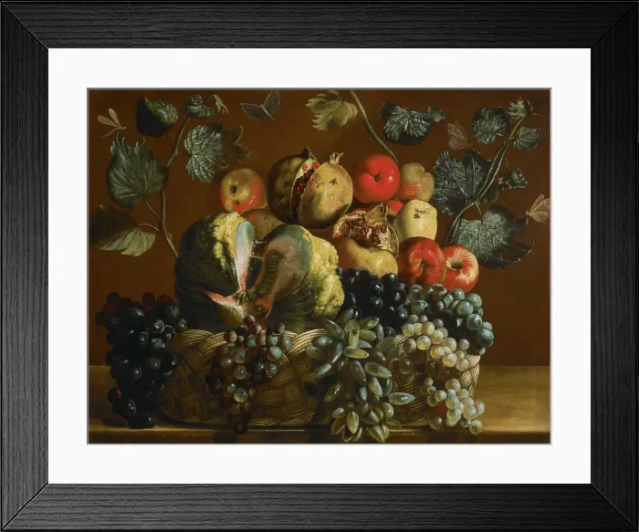 Framed Print : Basket with fruits. Creator: Cavarozzi, Bartolomeo (1590-1625) Framed Print : Basket with fruits. Creator: Cavarozzi, Bartolomeo (1590-1625)
