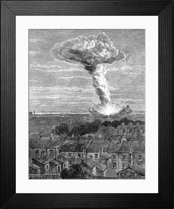 Framed Print : The explosion of gunpowder magazines at Erith: view…from Burrage-road, Plumstead…, 1864. Creator: Unknown Framed Print : The explosion of gunpowder magazines at Erith: view…from Burrage-road, Plumstead…, 1864. Creator: Unknown