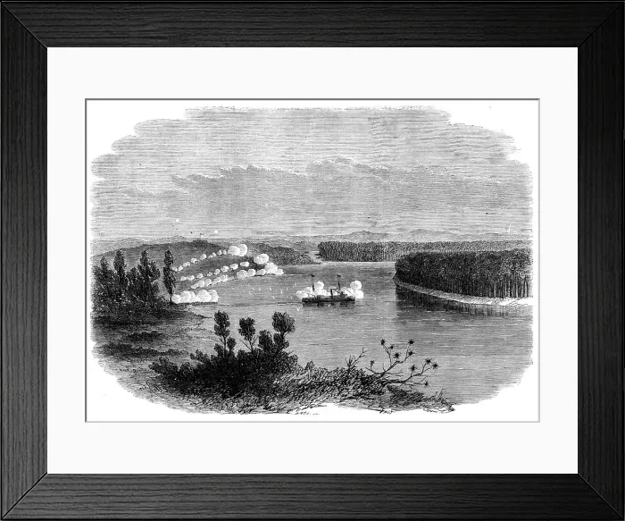 Framed Print : The War in New Zealand: the gun-boat Pioneer at anchor off Meremere, on the Waikato River... 1864. Creator: Unknown Framed Print : The War in New Zealand: the gun-boat Pioneer at anchor off Meremere, on the Waikato River... 1864. Creator: Unknown