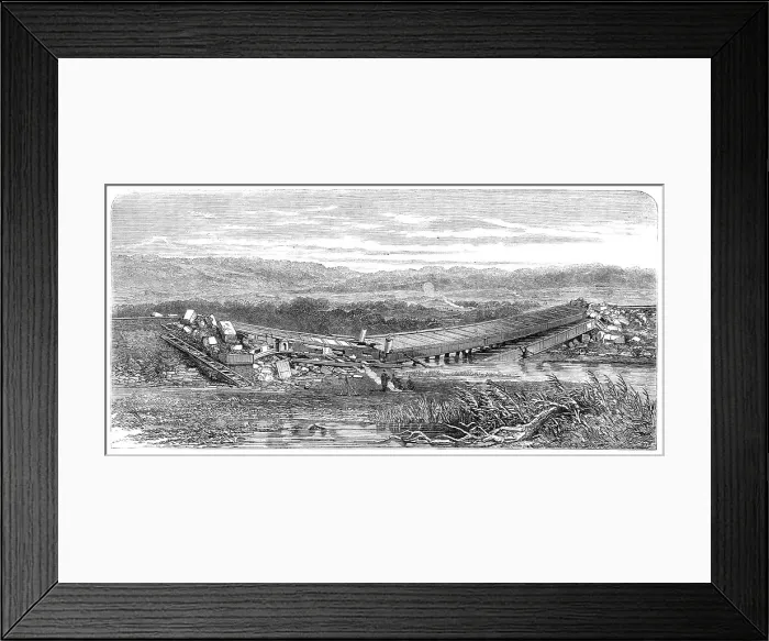 Framed Print : The War in Denmark: ruins of the Langaa Railway Bridge, in Jutland, lately destroyed by... 1864. Creator: Unknown Framed Print : The War in Denmark: ruins of the Langaa Railway Bridge, in Jutland, lately destroyed by... 1864. Creator: Unknown