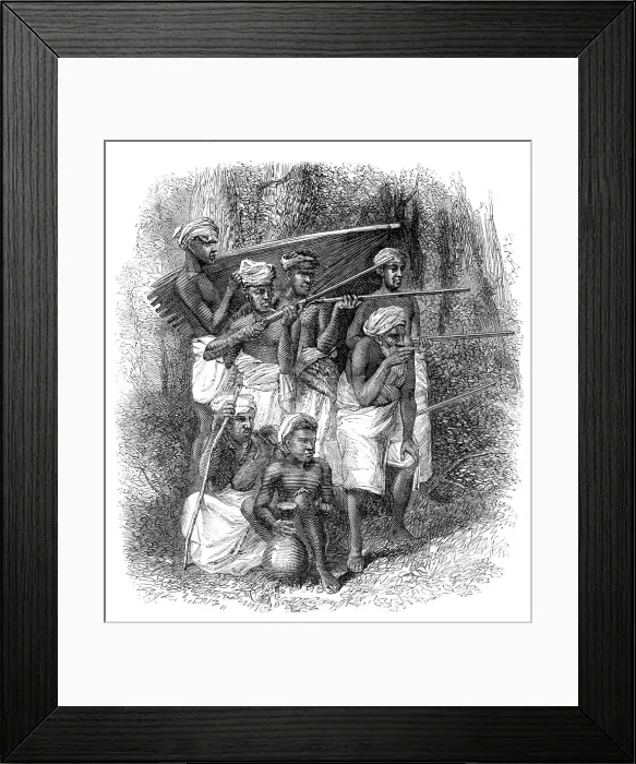 Framed Print : Mode of capturing wild elephants in Ceylon: the alarm, 1864. Creator: Unknown Framed Print : Mode of capturing wild elephants in Ceylon: the alarm, 1864. Creator: Unknown