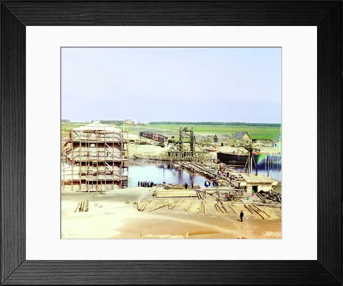 Framed Print : Side view of the railroad bridge being built across the Tobol River, Yalutorovsk, 1912. Creator: Sergey Mikhaylovich Prokudin-Gorsky Framed Print : Side view of the railroad bridge being built across the Tobol River, Yalutorovsk, 1912. Creator: Sergey Mikhaylovich Prokudin-Gorsky