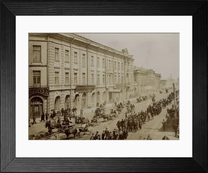 Framed Print : Festive procession of firefighters along Bolshaya Street in Krasnoyarsk, 1902. Creator: Unknown Framed Print : Festive procession of firefighters along Bolshaya Street in Krasnoyarsk, 1902. Creator: Unknown
