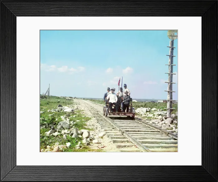 Framed Print : On the handcar outside Petrozavodsk on the Murmansk railway, 1915. Creator: Sergey Mikhaylovich Prokudin-Gorsky Framed Print : On the handcar outside Petrozavodsk on the Murmansk railway, 1915. Creator: Sergey Mikhaylovich Prokudin-Gorsky