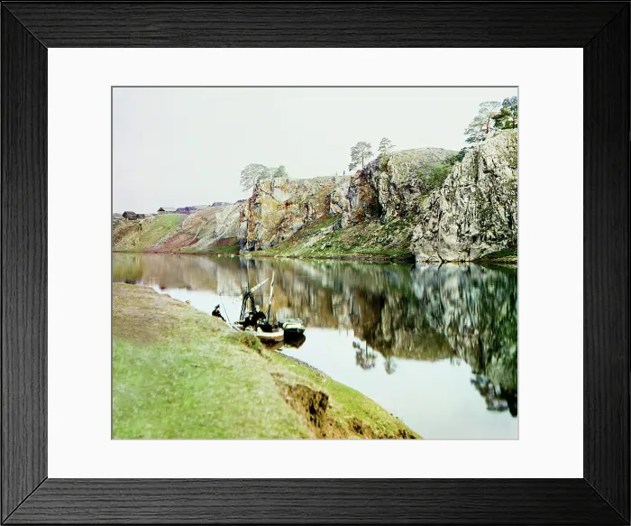 Framed Print : Upper Georgievskii Rock and a general view of the settlement of Utka, Chusovaya River, 1912. Creator: Sergey Mikhaylovich Prokudin-Gorsky Framed Print : Upper Georgievskii Rock and a general view of the settlement of Utka, Chusovaya River, 1912. Creator: Sergey Mikhaylovich Prokudin-Gorsky