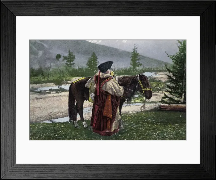 Framed Print : Altai Woman in National Costume (Hat: Kuaraan Boruk, Sheepskin Coat: Ton, Sleeveless... 1911-1913. Creator: Sergei Ivanovich Borisov) Framed Print : Altai Woman in National Costume (Hat: Kuaraan Boruk, Sheepskin Coat: Ton, Sleeveless... 1911-1913. Creator: Sergei Ivanovich Borisov)