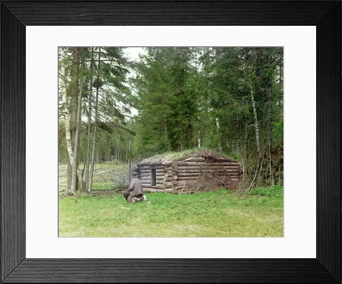 Framed Print : Hut in the forest, for woodcutters and kuria (coal burning), 1912. Creator: Sergey Mikhaylovich Prokudin-Gorsky Framed Print : Hut in the forest, for woodcutters and kuria (coal burning), 1912. Creator: Sergey Mikhaylovich Prokudin-Gorsky
