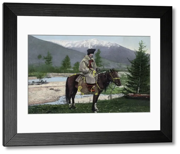 Framed Print : Altai Man in National Costume (Hat: Kuaraan Boruk, Sheepskin Coat: Ton, with a... 1911-1913. Creator: Sergei Ivanovich Borisov) Framed Print : Altai Man in National Costume (Hat: Kuaraan Boruk, Sheepskin Coat: Ton, with a... 1911-1913. Creator: Sergei Ivanovich Borisov)