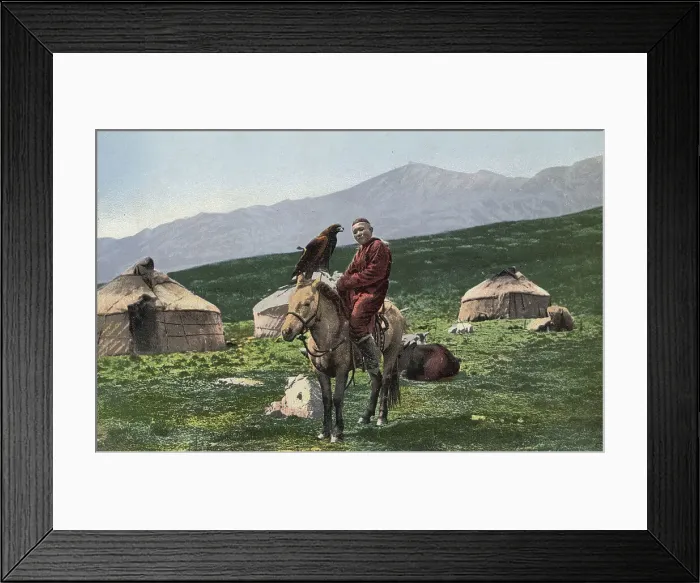 Framed Print : Kazakh with a Golden Eagle, on a Horse with Yurts in the Background, Valley of the Arakan...1911-13 Creator: Sergei Ivanovich Borisov Framed Print : Kazakh with a Golden Eagle, on a Horse with Yurts in the Background, Valley of the Arakan...1911-13 Creator: Sergei Ivanovich Borisov