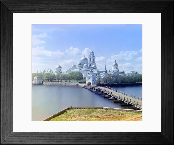 Framed Print : View of the monastery from Svetlitsa [Island, Saint Nil Stolbenskii Monastery, Lake Seliger], 1910. Creator: Sergey Mikhaylovich Prokudin-Gorsky