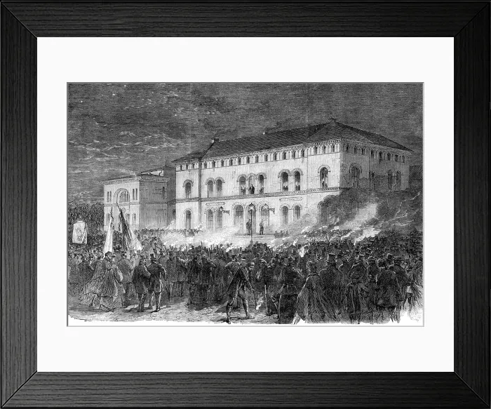 Framed Print : The Schleswig-Holstein Difficulty: torchlight welcome to Prince Frederick...Railway Hotel, 1864. Creator: Unknown Framed Print : The Schleswig-Holstein Difficulty: torchlight welcome to Prince Frederick...Railway Hotel, 1864. Creator: Unknown