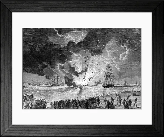 Framed Print : Explosion on board the barque Lottie Sleigh, laden with gunpowder, in the Mersey... 1864. Creator: Unknown Framed Print : Explosion on board the barque Lottie Sleigh, laden with gunpowder, in the Mersey... 1864. Creator: Unknown