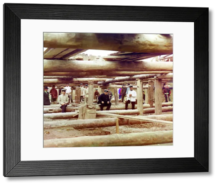 Framed Print : Laying concrete for the dam's sluice, Beloomut, 1912. Creator: Sergey Mikhaylovich Prokudin-Gorsky Framed Print : Laying concrete for the dam's sluice, Beloomut, 1912. Creator: Sergey Mikhaylovich Prokudin-Gorsky