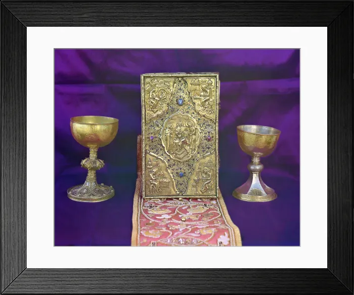 Framed Print : Tsar Aleksei Mikhailovich's gospel and Tsar Mikhail Feodorovich's sacramental vessels... 1911. Creator: Sergey Mikhaylovich Prokudin-Gorsky Framed Print : Tsar Aleksei Mikhailovich's gospel and Tsar Mikhail Feodorovich's sacramental vessels... 1911. Creator: Sergey Mikhaylovich Prokudin-Gorsky