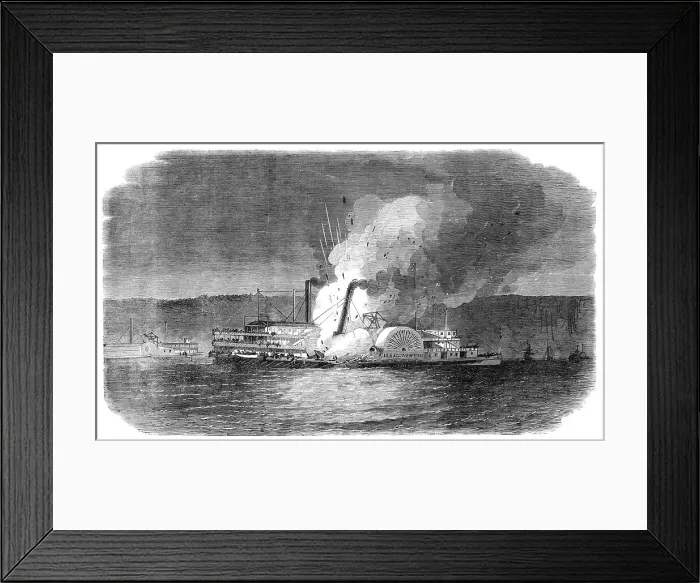 Framed Print : Burning of the American river steamer Isaac Newton on her way from New York to Albany, 1864. Creator: Unknown Framed Print : Burning of the American river steamer Isaac Newton on her way from New York to Albany, 1864. Creator: Unknown