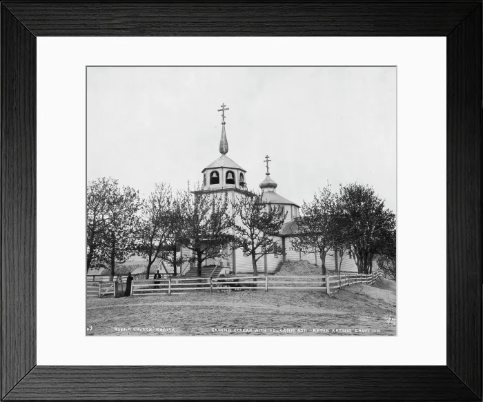 Framed Print : Russian church with ground covered with volcanic ash after Katmia [i.e. Mount Katmai] eruption, 1912 Creator: Eric A. Hegg