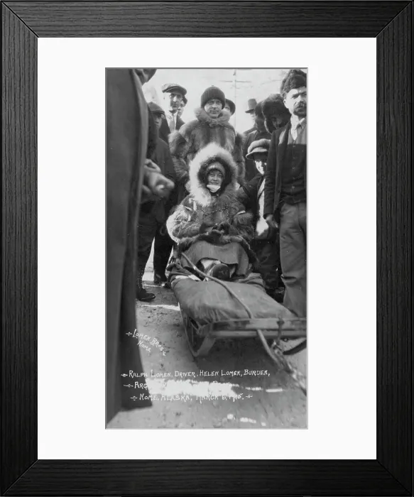 Framed Print : Ralph and Helen Lomen on dog sled, ready for race, 1915. Creator: Lomen Brothers Framed Print : Ralph and Helen Lomen on dog sled, ready for race, 1915. Creator: Lomen Brothers