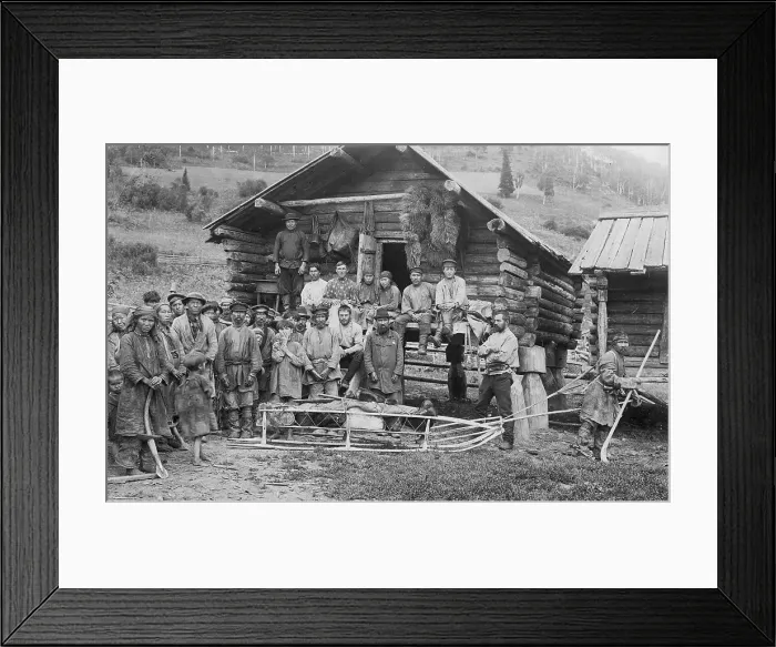 Framed Print : Group of Shoria Men; a Hunter, in Front, Equipped for a Winter Hunt by the Members... 1913. Creator: GI Ivanov