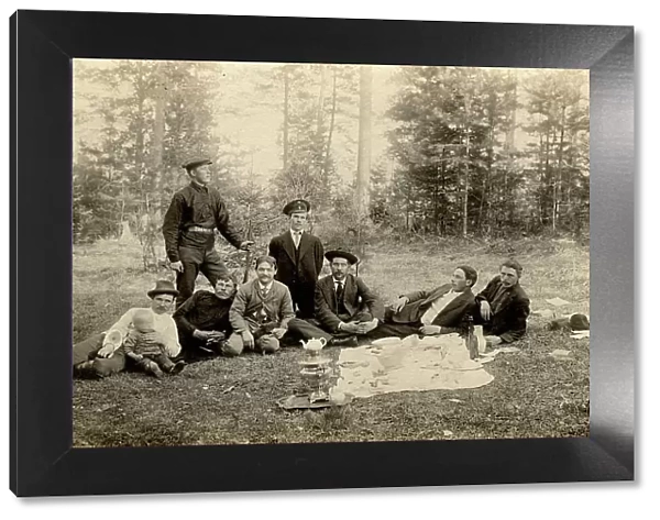 Employees of the Znamensky glass factory on a forest walk in the vicinity of the village, 1910-1913. Creator: S. Ia. Mamontov