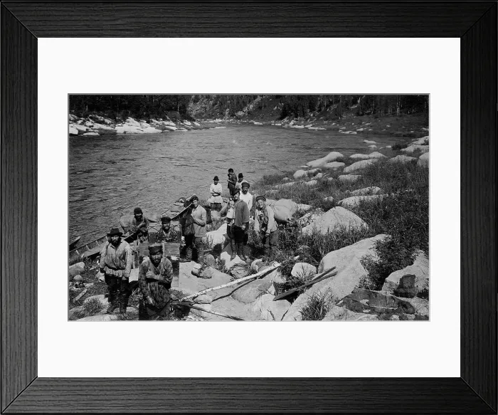 Framed Print : Carrying the Heavy Load of a Land-Management Expedition, Detouring the Mrassu River Rapid, 1913. Creator: GI Ivanov Framed Print : Carrying the Heavy Load of a Land-Management Expedition, Detouring the Mrassu River Rapid, 1913. Creator: GI Ivanov