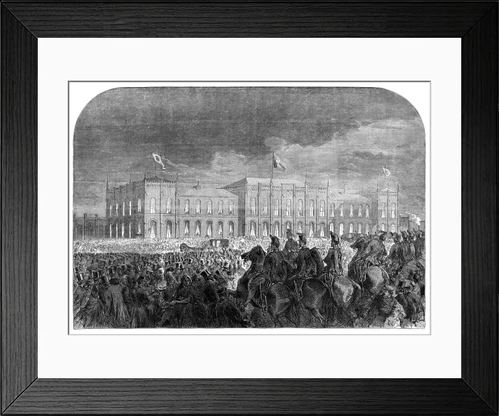 Framed Print : Visit of the Prince and Princess of Wales to Sweden: departure from Gottenborg Railway Station, 1864 Creator: Unknown Framed Print : Visit of the Prince and Princess of Wales to Sweden: departure from Gottenborg Railway Station, 1864 Creator: Unknown