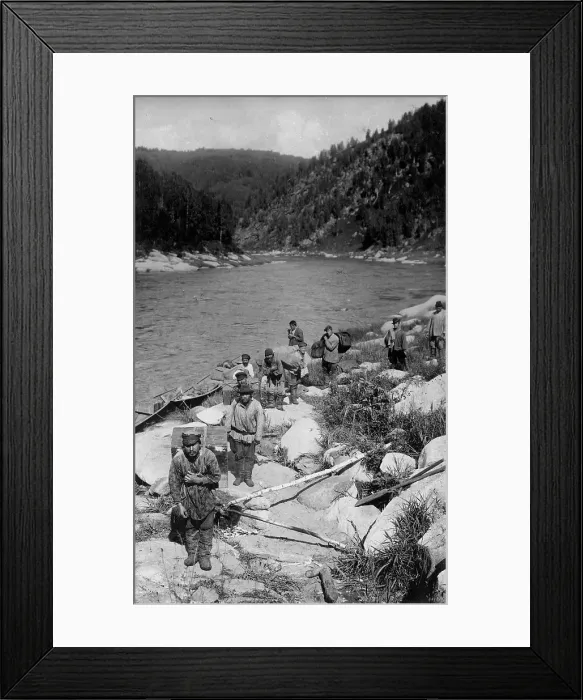 Framed Print : Unloading the Land-Management Expedition Boats, for Detouring the Mrassu River Rapid, 1913. Creator: GI Ivanov Framed Print : Unloading the Land-Management Expedition Boats, for Detouring the Mrassu River Rapid, 1913. Creator: GI Ivanov