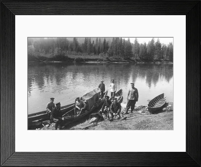 Framed Print : Topographers by the Boats on the Mrassu River Shore, Near the Ust'-Kabyrza Ulus, 1913. Creator: GI Ivanov Framed Print : Topographers by the Boats on the Mrassu River Shore, Near the Ust'-Kabyrza Ulus, 1913. Creator: GI Ivanov