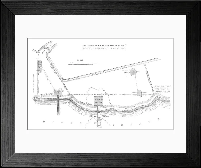 Framed Print : The late gunpowder explosion: site of the powder-magazines at Belvedere, in the Erith Marshes, 1864. Creator: Unknown Framed Print : The late gunpowder explosion: site of the powder-magazines at Belvedere, in the Erith Marshes, 1864. Creator: Unknown