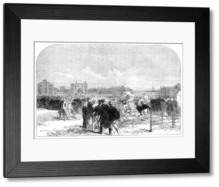 Framed Print : Athletic sports by the Westminster scholars in their playground:the hurdle race, 1864. Creator: Unknown Framed Print : Athletic sports by the Westminster scholars in their playground:the hurdle race, 1864. Creator: Unknown