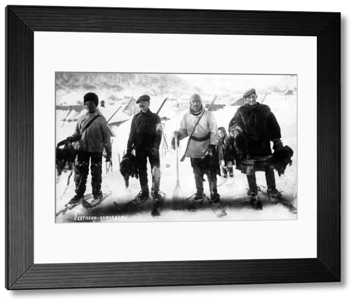 Framed Print : Kamchadal hunters against the backdrop of the city, with guns, furs, on skis, 1910-1929. Creator: Ivan Emelianovich Larin Framed Print : Kamchadal hunters against the backdrop of the city, with guns, furs, on skis, 1910-1929. Creator: Ivan Emelianovich Larin