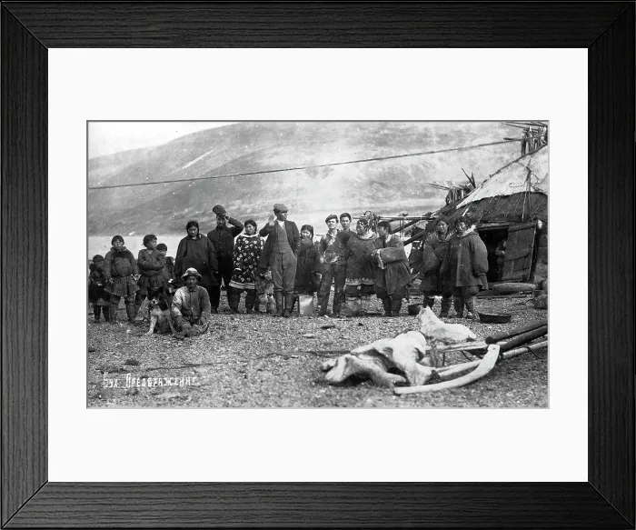 Framed Print : Preobrazhenie Bay: Chukchi in front of their home, in national traditional fur clothing... 1910-29. Creator: Ivan Emelianovich Larin