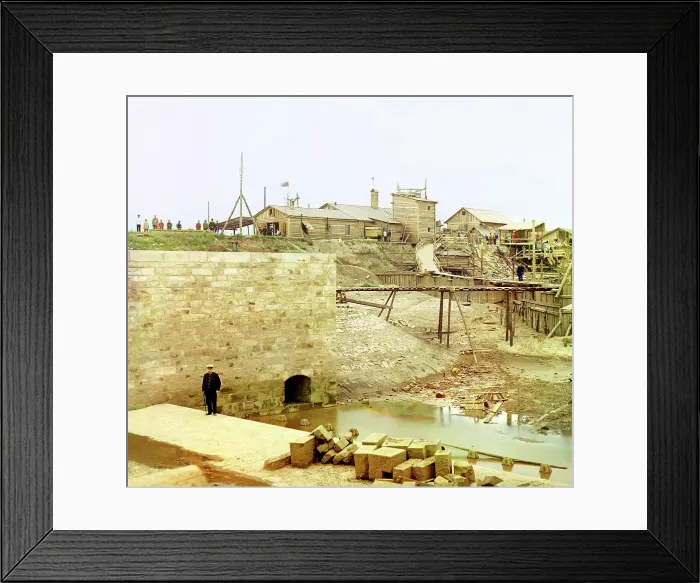 Framed Print : Dam's slender abutment and part of the finished sill, Beloomut, 1912. Creator: Sergey Mikhaylovich Prokudin-Gorsky Framed Print : Dam's slender abutment and part of the finished sill, Beloomut, 1912. Creator: Sergey Mikhaylovich Prokudin-Gorsky
