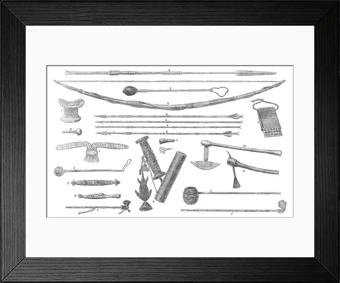 Framed Print : Implements and weapons of the Manganja and Ajawa tribes of the Zambesi Country, in Africa, 1864. Creator: Unknown Framed Print : Implements and weapons of the Manganja and Ajawa tribes of the Zambesi Country, in Africa, 1864. Creator: Unknown