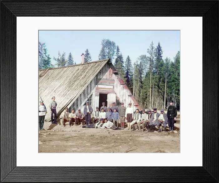 Framed Print : Austrian prisoners of war near a barrack, [near Kiappeselga], 1915. Creator: Sergey Mikhaylovich Prokudin-Gorsky