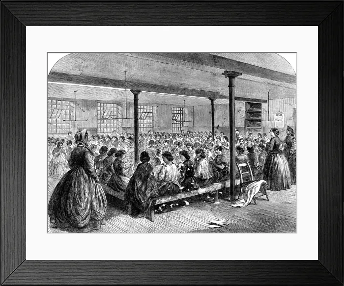 Framed Print : The Cotton Famine: the sewing-class at the Manchester...Provident Society's rooms, 1862. Creator: Unknown
