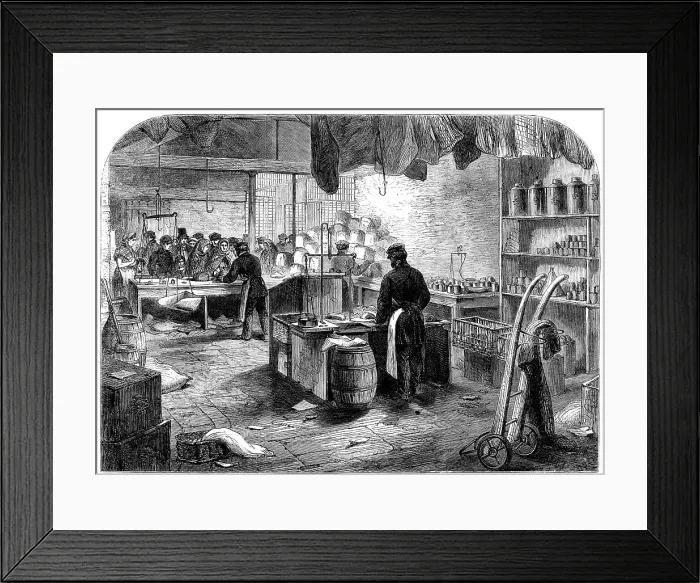Framed Print : The Cotton Famine: shop for mill-hands at Mr. Birley's mill, Manchester, 1862. Creator: Unknown Framed Print : The Cotton Famine: shop for mill-hands at Mr. Birley's mill, Manchester, 1862. Creator: Unknown