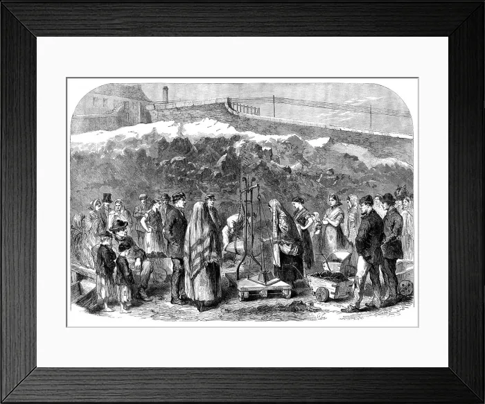 Framed Print : The Cotton Famine: distributing coal at the Castle-field old coal-wharf, Manchester, 1862. Creator: Unknown Framed Print : The Cotton Famine: distributing coal at the Castle-field old coal-wharf, Manchester, 1862. Creator: Unknown