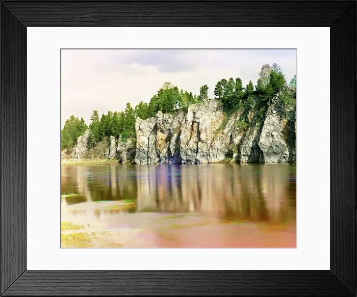 Framed Print : Shaitan Rock; general view from the village of Novaia Derevnia, Chusovaya River, 1912. Creator: Sergey Mikhaylovich Prokudin-Gorsky Framed Print : Shaitan Rock; general view from the village of Novaia Derevnia, Chusovaya River, 1912. Creator: Sergey Mikhaylovich Prokudin-Gorsky