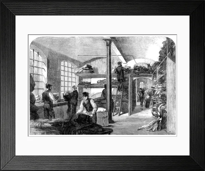 Framed Print : The Cotton Famine: receiving clothes at Bridewell Hospital...for the distressed operatives, 1862. Creator: Unknown Framed Print : The Cotton Famine: receiving clothes at Bridewell Hospital...for the distressed operatives, 1862. Creator: Unknown