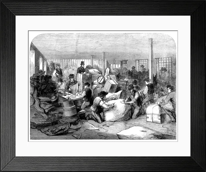 Framed Print : The Cotton Famine: making up parcels of clothing at the industrial institution, Manchester, 1862. Creator: Unknown Framed Print : The Cotton Famine: making up parcels of clothing at the industrial institution, Manchester, 1862. Creator: Unknown