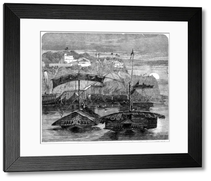 Framed Print : Cotton from India: a cotton fleet descending the Ganges - casting off from Mirzapore, 1862. Creator: Smyth Framed Print : Cotton from India: a cotton fleet descending the Ganges - casting off from Mirzapore, 1862. Creator: Smyth