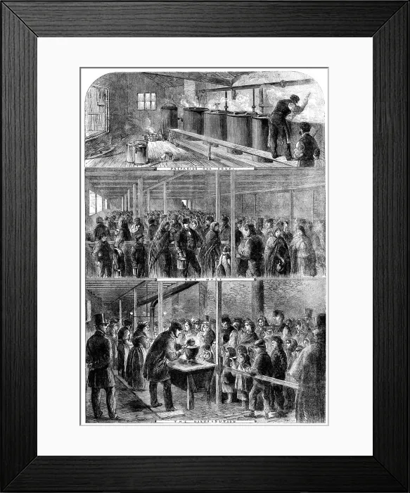 Framed Print : The Cotton Famine: the Society of Friends soup-kitchen...Lower Moseley-street, Manchester, 1862. Creator: Unknown Framed Print : The Cotton Famine: the Society of Friends soup-kitchen...Lower Moseley-street, Manchester, 1862. Creator: Unknown