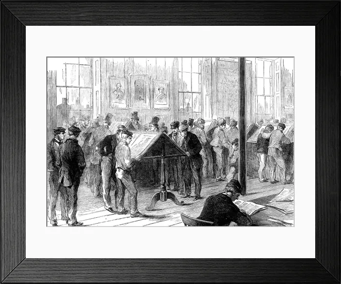 Framed Print : The Cotton Famine: operatives reading the latest news from America in Camp-field free library, 1862 Creator: Unknown Framed Print : The Cotton Famine: operatives reading the latest news from America in Camp-field free library, 1862 Creator: Unknown