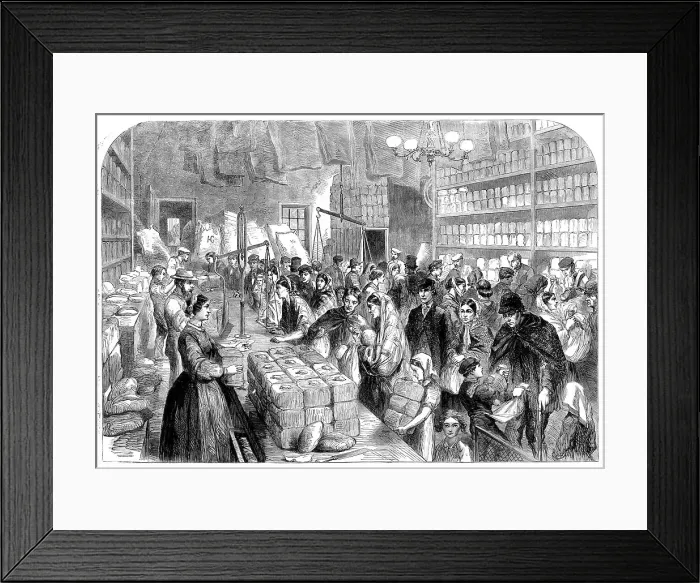 Framed Print : The Cotton Famine: provision-shop...Manchester and Salford Provident Society, 1862. Creator: Unknown Framed Print : The Cotton Famine: provision-shop...Manchester and Salford Provident Society, 1862. Creator: Unknown