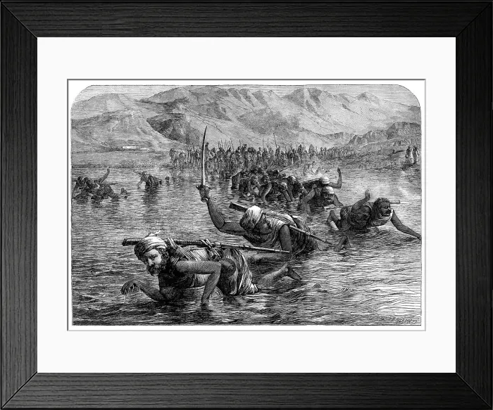 Framed Print : A party of Wuzurees crossing the Indus on water-jars, 1864. Creator: Mason Jackson Framed Print : A party of Wuzurees crossing the Indus on water-jars, 1864. Creator: Mason Jackson
