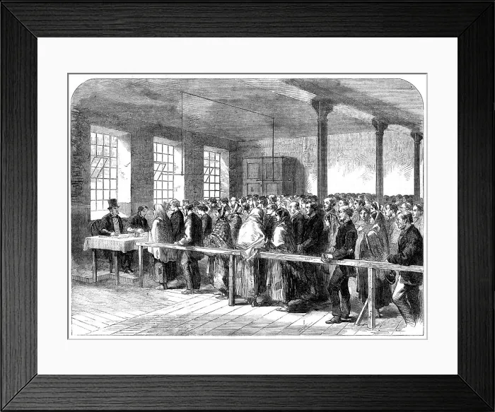 Framed Print : The Cotton Famine: distributing tickets for bread, soup, meat, meal, coal etc, Manchester, 1862. Creator: Unknown Framed Print : The Cotton Famine: distributing tickets for bread, soup, meat, meal, coal etc, Manchester, 1862. Creator: Unknown